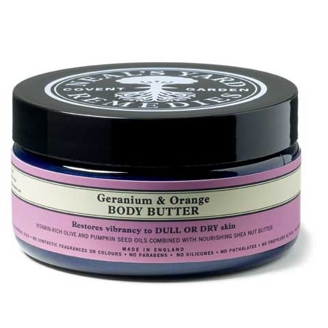 Neal's Yard Remedies Geranium & Orange Body Butter/Balm called balm in a blue glass jar with a lavender label