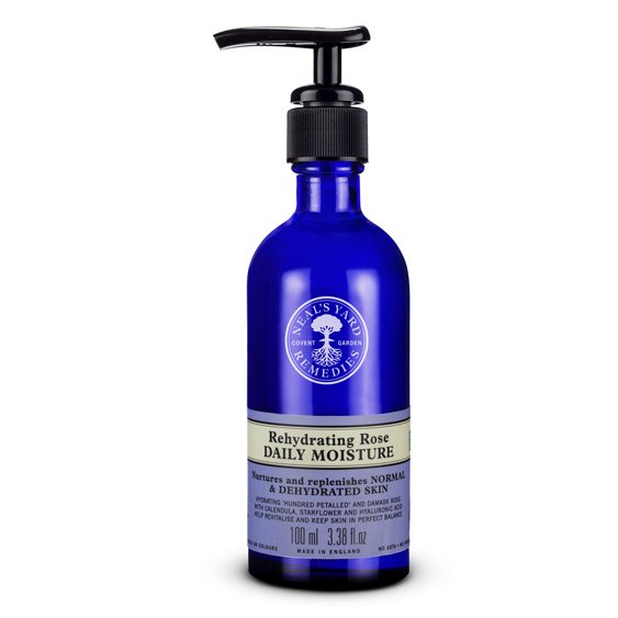 Neal's Yard Remedies Rehydrating Rose Daily Moisture pump bottle, blue bottle with black pump