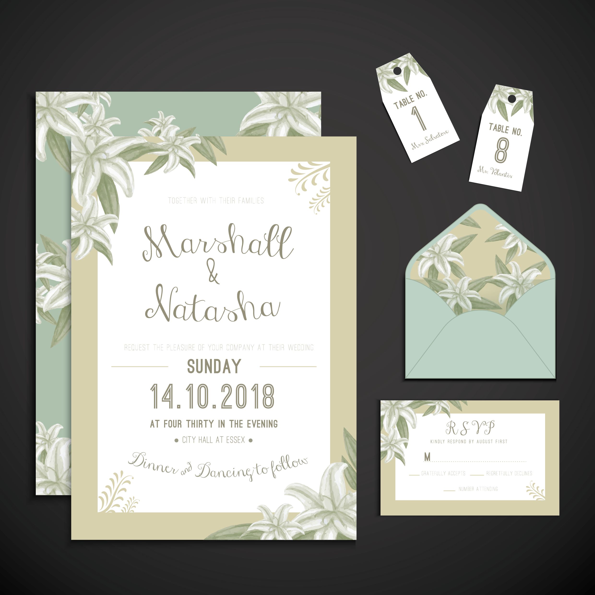 Wedding stationery ideas with invite, tags and envelope laid out