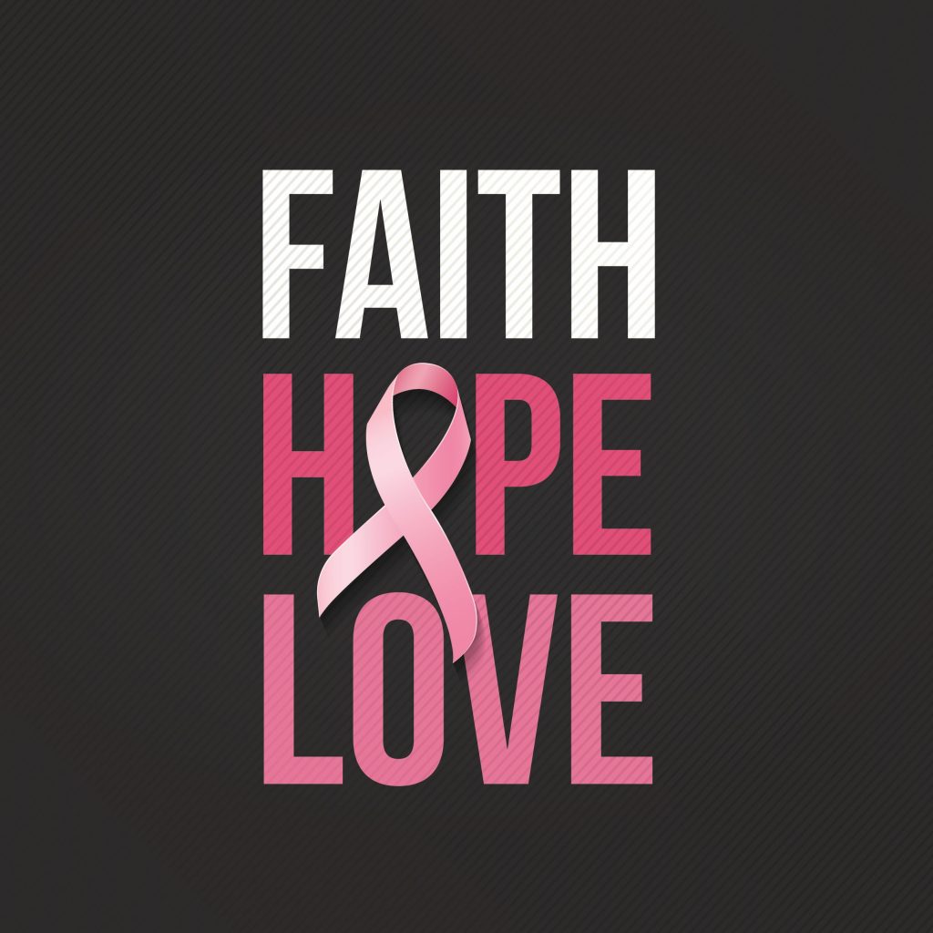 Black background with faith, hope and lvoe with a breast cancer bow