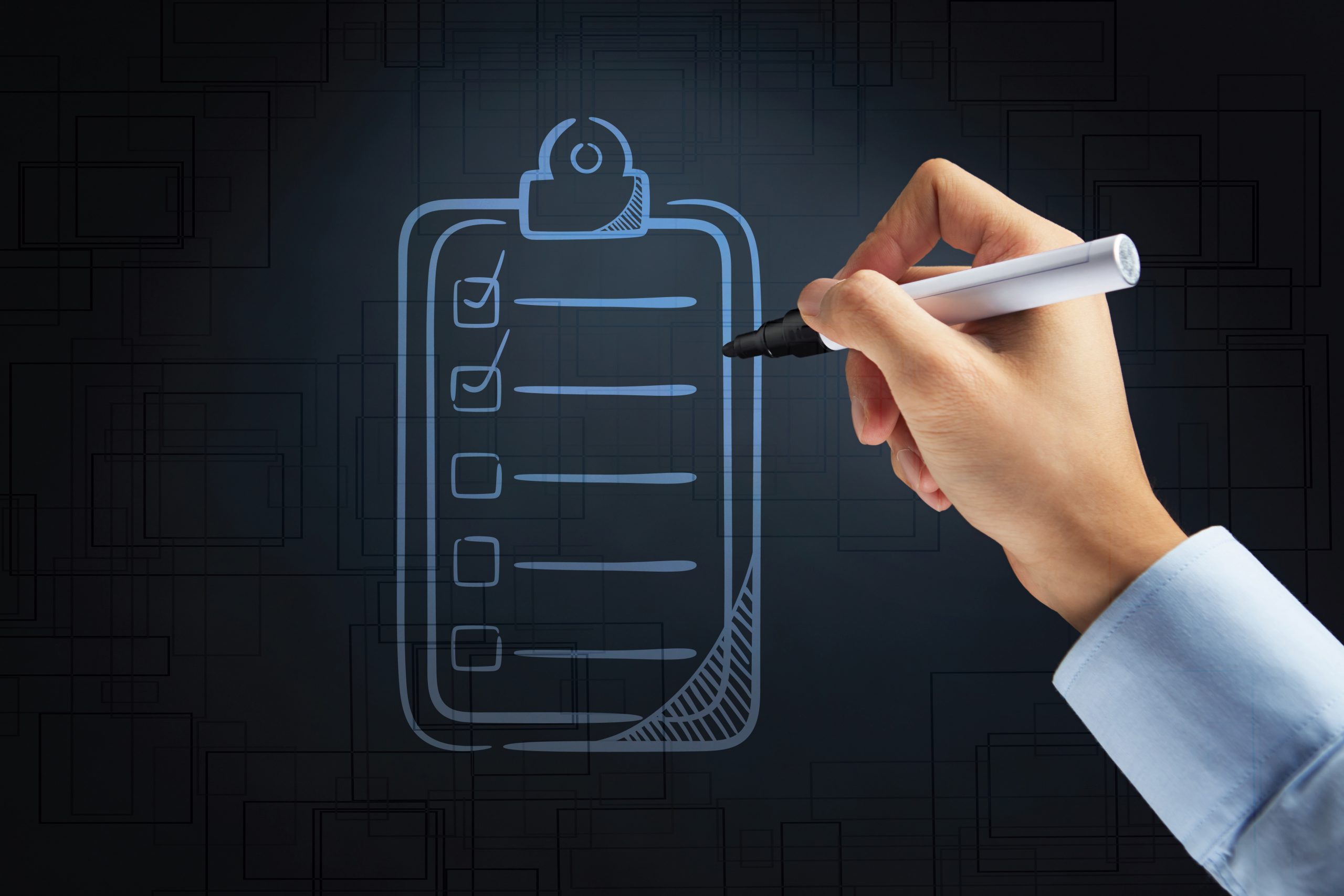 Blue drawing of a checklist and hand drawing it on a dark background