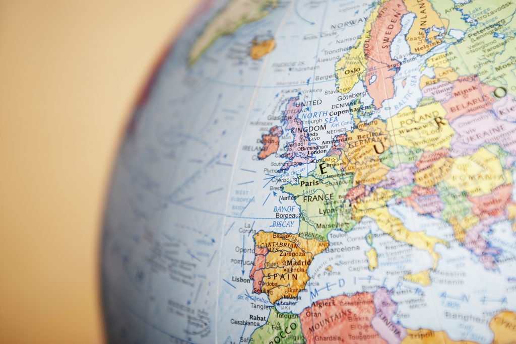 Close up of a globe showing Europe
