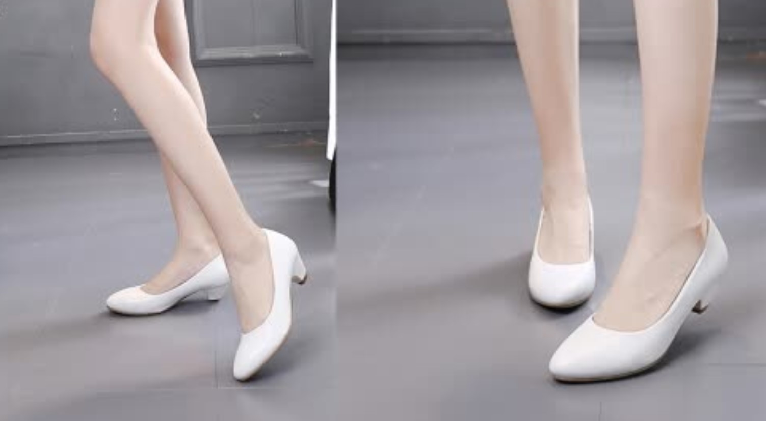 White low heels and bare legs in the photograph