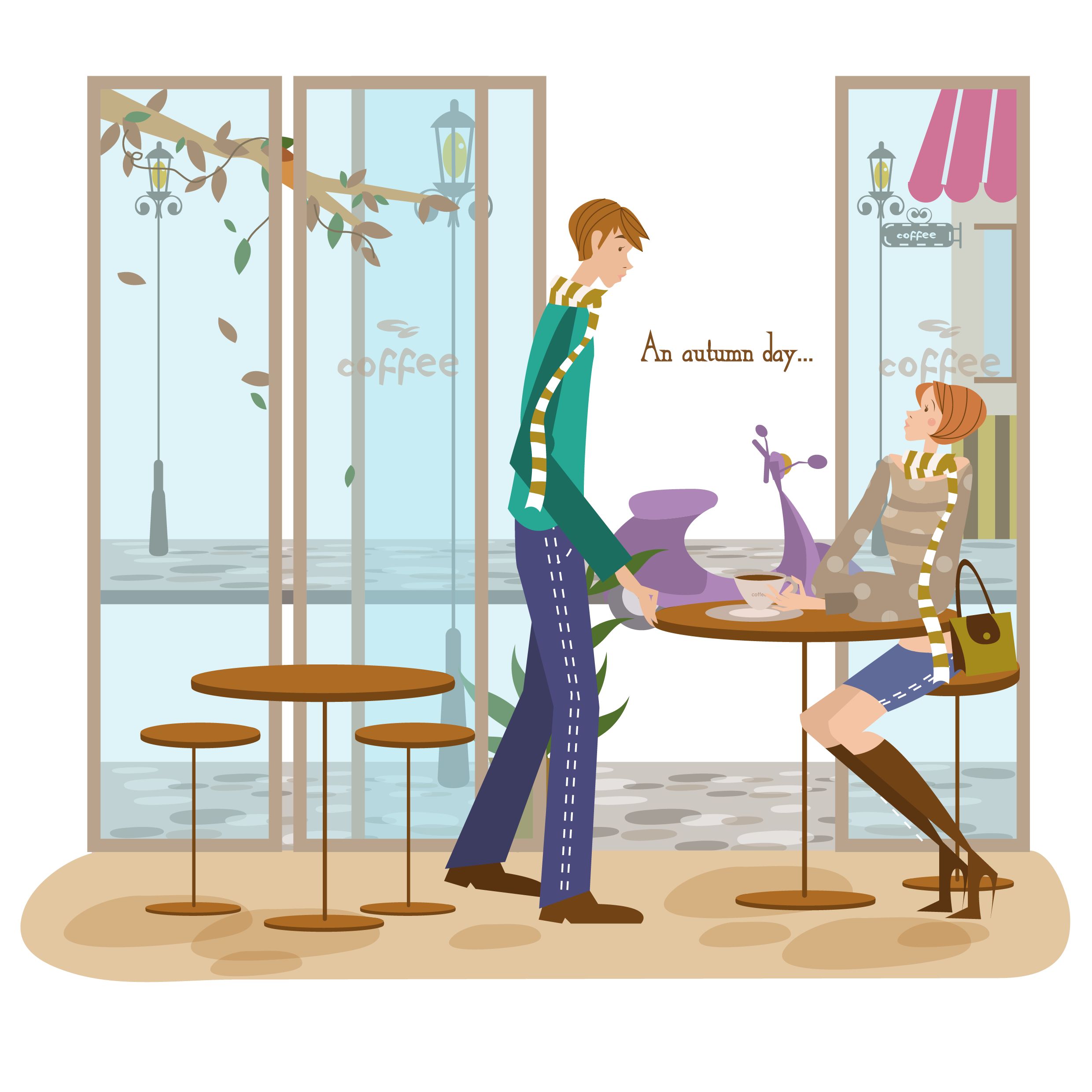 Cartoon depiction of cheap dates on an autumn afternoon in a coffee style shop